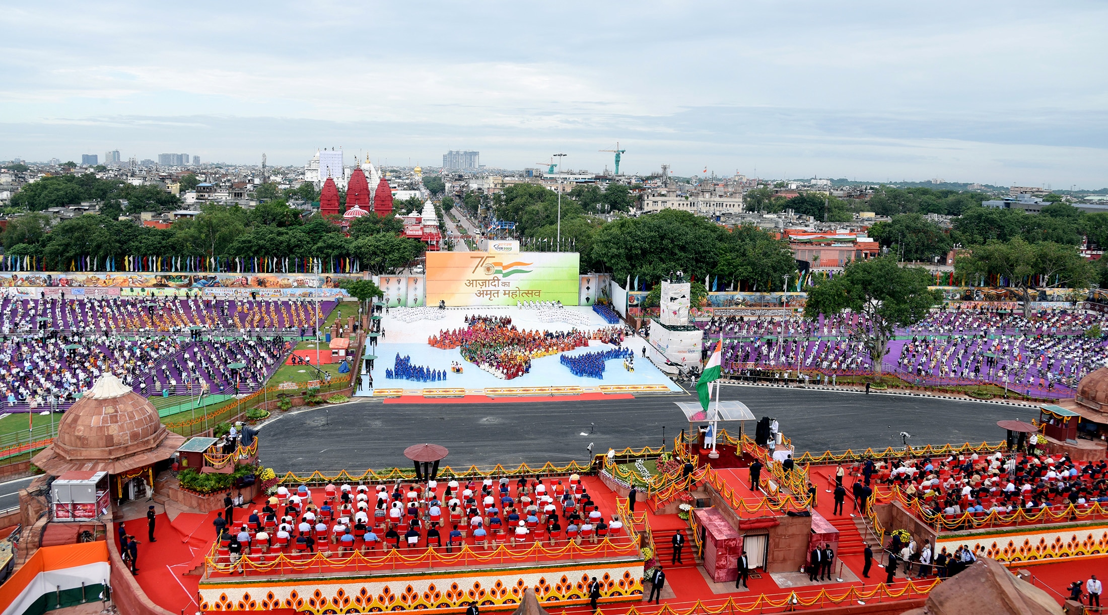 A panoramic view in front of Red Fort, on the occasion of 76th Independence Day from the ramparts of Red Fort, in New Delhi on Monday. (ANI)