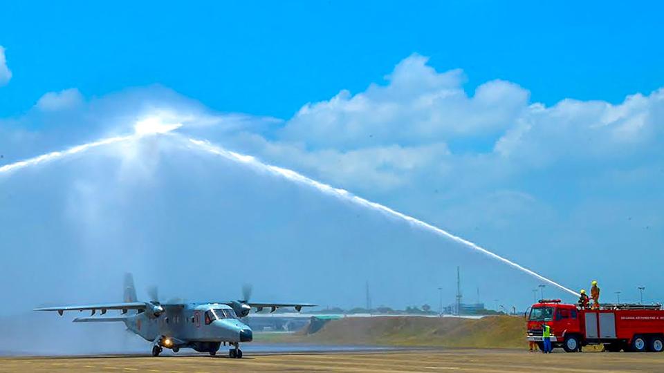 Water jets welcome the first Dornier 228 maritime surveillance aircraft of the Sri Lankan Air Force base in Katunayake just north of the capital Colombo. (Sri Lanka President’s office/Afp) Water jets welcome the first Dornier 228 maritime surveillance aircraft of the Sri Lankan Air Force base in Katunayake just north of the capital Colombo. (Sri Lanka President’s office/Afp)