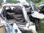 The wreckage of the car. The driver of the truck is at large, and police said it is still unclear if the suspect fell asleep at the wheel, if the commercial vehicle was speeding, or whether brakes failed. (PTI) The wreckage of the car. The driver of the truck is at large, and police said it is still unclear if the suspect fell asleep at the wheel, if the commercial vehicle was speeding, or whether brakes failed. (PTI)