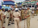 Police personnel deployed to maintain law and order after a dispute between two groups in Shivamogga. Police personnel deployed to maintain law and order after a dispute between two groups in Shivamogga.