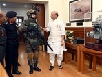 Defence minister Rajnath Singh inspects a F-Insas soldier at an event in the ministry of defence. Defence minister Rajnath Singh inspects a F-Insas soldier at an event in the ministry of defence.