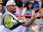 Nick Kyrgios (AUS) hits a forehand against Hubert Hurkacz (POL) (not pictured) in quarterfinal play in the National Bank Open at IGA Stadium.