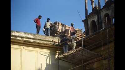 Restoration work under way at Bada Imambada on Tuesday. (HT photo) Restoration work under way at Bada Imambada on Tuesday. (HT photo)