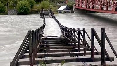 Jobrang bridge gets partially submerged as the water level of Chandrabhaga river increases following a heavy rainfall in Lahaul and Spiti on Tuesday. (ANI) Jobrang bridge gets partially submerged as the water level of Chandrabhaga river increases following a heavy rainfall in Lahaul and Spiti on Tuesday. (ANI)