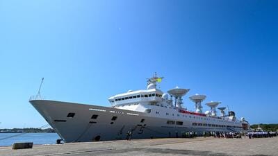 China’s research and survey vessel, the Yuan Wang 5, docked at Hambantota port in Sri Lanka on Tuesday. (AFP) China’s research and survey vessel, the Yuan Wang 5, docked at Hambantota port in Sri Lanka on Tuesday. (AFP)
