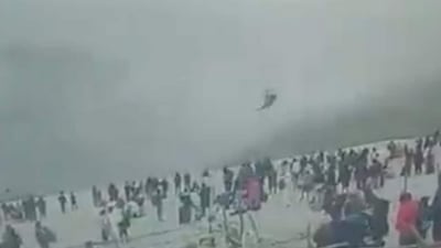 Video grab of a helicopter making an uncontrolled hard landing at the Kedarnath helipad on May 30. (ANI Twitter)