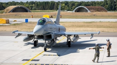A German Eurofighter is ready for takeoff at Neuburg Air Base in Neuburg An Der Donau, Germany, Monday Aug. 15, 2022. A group of German air force fighter jets neared Singapore on Tuesday, Aug. 16, 2022, in a marathon bid to fly them some 12,800 kilometers (8,000 miles) from their home base to Southeast Asia in just 24 hours. (AP) A German Eurofighter is ready for takeoff at Neuburg Air Base in Neuburg An Der Donau, Germany, Monday Aug. 15, 2022. A group of German air force fighter jets neared Singapore on Tuesday, Aug. 16, 2022, in a marathon bid to fly them some 12,800 kilometers (8,000 miles) from their home base to Southeast Asia in just 24 hours. (AP)