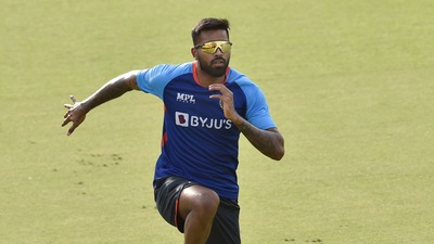 Hardik Pandya during a practice session ahead. (Hindustan Times) Hardik Pandya during a practice session ahead. (Hindustan Times)