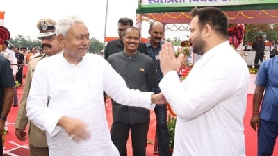 Bihar deputy chief minister Tejashwi Yadav greets CM Nitish Kumar. Bihar deputy chief minister Tejashwi Yadav greets CM Nitish Kumar.