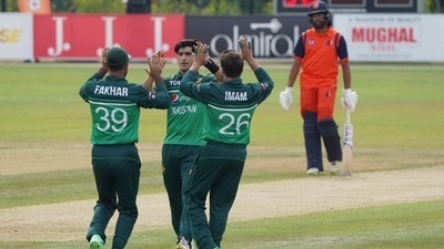 Pakistan teammates celebrate after picking a wicket against Netherlands (Twitter/ICC) Pakistan teammates celebrate after picking a wicket against Netherlands (Twitter/ICC)