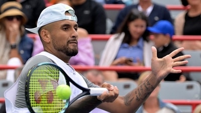 Nick Kyrgios (AUS) hits a forehand against Hubert Hurkacz (POL) (not pictured) in quarterfinal play in the National Bank Open at IGA Stadium. (USA TODAY Sports)