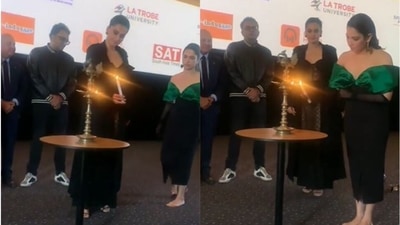 Tamannaah Bhatia lit a lamp barefoot at the IFFM 2022. Tamannaah Bhatia lit a lamp barefoot at the IFFM 2022.