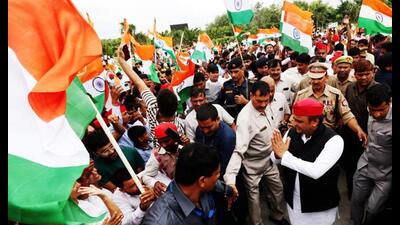 Samajwadi Party (SP) chief Akhilesh Yadav greets during the flag hoisting ceremony on the occasion of 76th Independence Day, in Lucknow on Monday. (ANI Photo)) Samajwadi Party (SP) chief Akhilesh Yadav greets during the flag hoisting ceremony on the occasion of 76th Independence Day, in Lucknow on Monday. (ANI Photo))