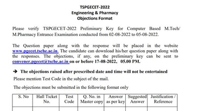 TS PGECET answer key 2022: Tomorrow last date to raise objection TS PGECET answer key 2022: Tomorrow last date to raise objection