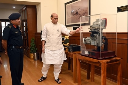Defence Minister Rajnath Singh with Chief of the Army Staff General Manoj Pande handing over the Indigenous Equipment to the Indian Army during an event, at the Ministry of Defence, in New Delhi on Tuesday. (ANI) Defence Minister Rajnath Singh with Chief of the Army Staff General Manoj Pande handing over the Indigenous Equipment to the Indian Army during an event, at the Ministry of Defence, in New Delhi on Tuesday. (ANI)