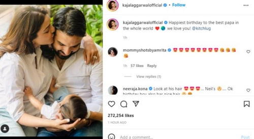Kajal Aggarwal shares a photo with husband Gautam Kitchlu and son Neil. Kajal Aggarwal shares a photo with husband Gautam Kitchlu and son Neil.