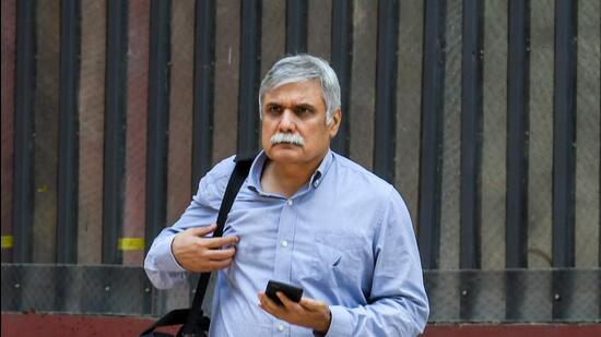 New Delhi, July 05 (ANI): Former Mumbai Police Commissioner Sanjay Pandey at the ED office, after being summoned in connection with the National Stock Exchange (NSE) co-location scam, in Delhi on Tuesday. (ANI Photo/Amit Sharma) (ANI)