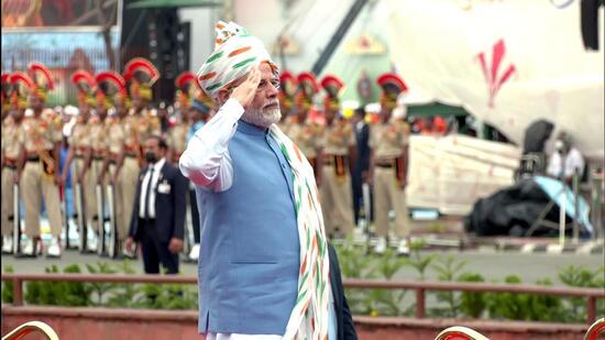 Prime Minister Narendra Modi salutes on the occasion of 76th Independence Day, at Red Fort, in New Delhi on Monday. (ANI Photo)