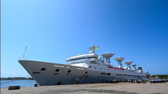 China’s research and survey vessel, the Yuan Wang 5, docked at Hambantota port in Sri Lanka on Tuesday. (AFP)
