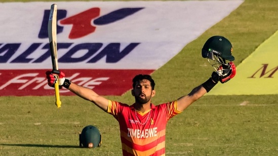 Zimbabwe's Sikandar Raza celebrates after scoring a century.(AFP)