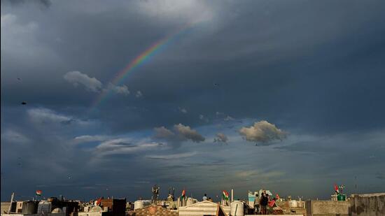 A rainbow seen in the sky in New Delhi on Monday. (PTI Photo)