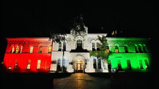 The City Hall in the Canadian capital of Ottawa illuminated to mark India’s Independence Day on Monday. (Credit: Indian High Commission, Ottawa)