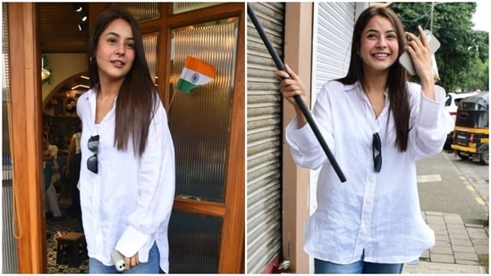 Shehnaaz Gill is an uber-cool Mumbai gal in oversized shirt and boyfriend jeans for a day out&nbsp;(HT Photo/Varinder Chawla)