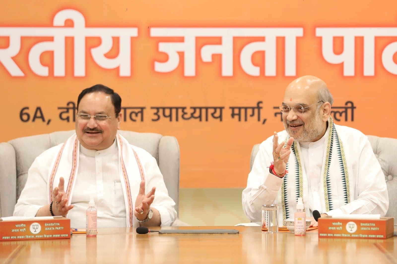 Amit Shah and JP Nadda at the BJP meeting on Bihar on Tuesday. (HT Photo) Amit Shah and JP Nadda at the BJP meeting on Bihar on Tuesday. (HT Photo)