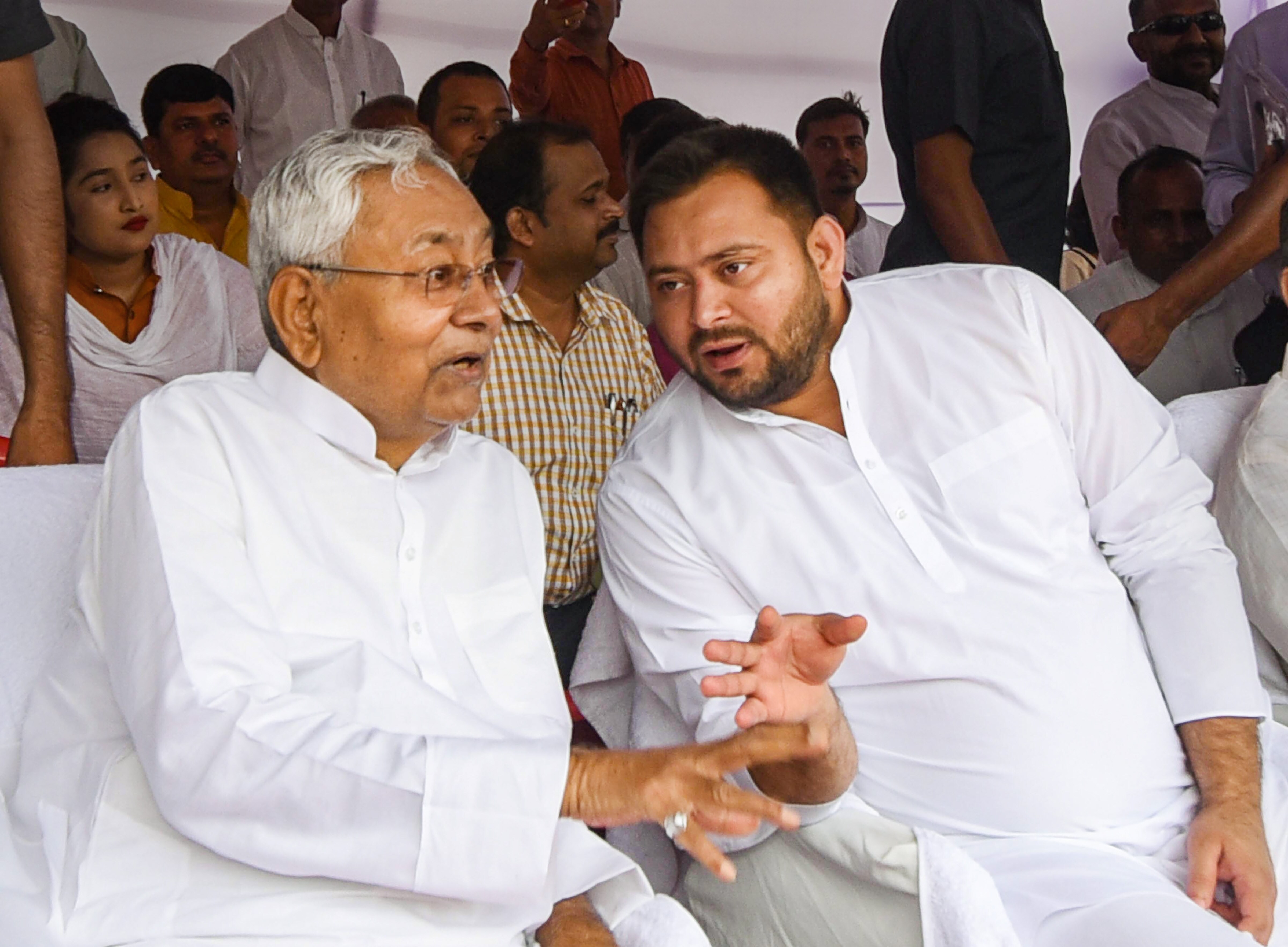 Patna: Bihar Chief Minister Nitish Kumar with Deputy CM Tejashwi Yadav at a function after paying tributes at Shaheed Smarak, in Patna, Thursday, Aug 11, 2022. (PTI Photo) (PTI08_11_2022_000037A) (PTI) Patna: Bihar Chief Minister Nitish Kumar with Deputy CM Tejashwi Yadav at a function after paying tributes at Shaheed Smarak, in Patna, Thursday, Aug 11, 2022. (PTI Photo) (PTI08_11_2022_000037A) (PTI)
