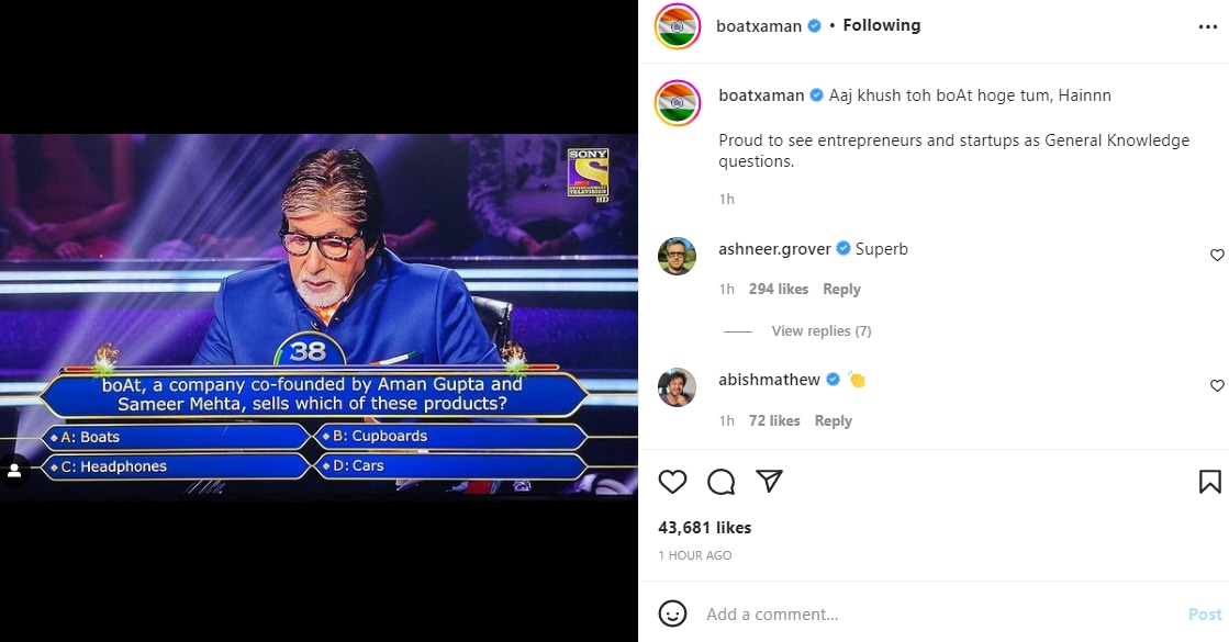 Aman Gupta shares a screenshot from an episode of Kaun Banega Crorepati Season 14.