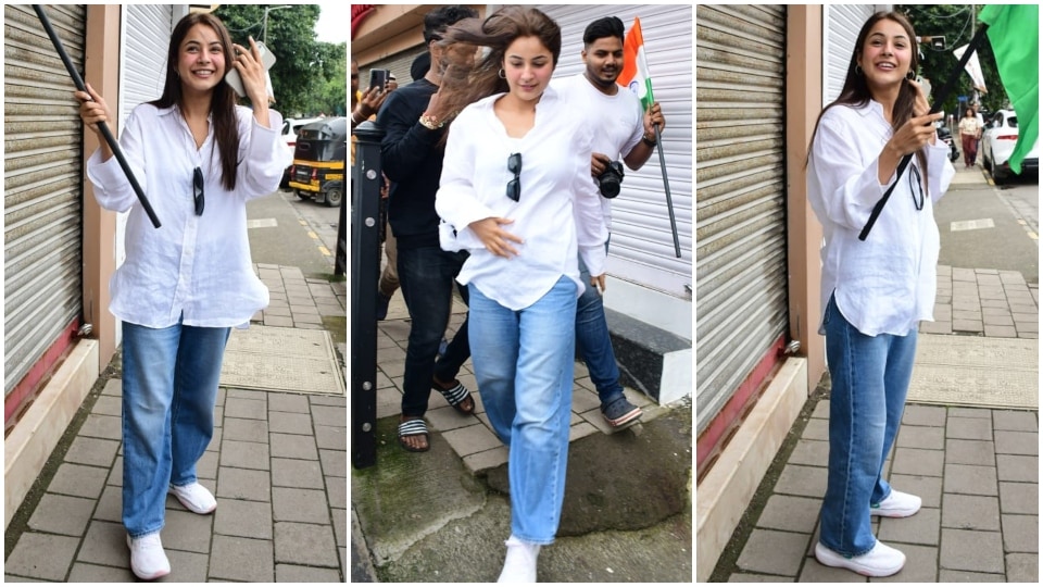 Shehnaaz Gill in the classic white shirt and denim combination.&nbsp;(HT Photo/Varinder Chawla)