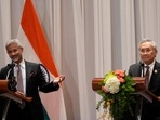 EAM S Jaishankar with Thailand's FM Don Pramudwinai attend a press conference in Bangkok on Thailand.
