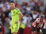 Cristiano Ronaldo looks round after the end of the Premier League match between Brentford and Manchester United at the Gtech Community Stadium in London.(AP)