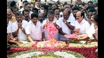 O Panneerselvam and his supporters pay tribute at the memorial of former Tamil Nadu chief minister J Jayalalithaa in Chennai on Wednesday. (ANI) O Panneerselvam and his supporters pay tribute at the memorial of former Tamil Nadu chief minister J Jayalalithaa in Chennai on Wednesday. (ANI)