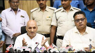 Bihar education minister Chandrashekhar addresses a press conference in Patna on Wednesday. (Santosh Kumar/HT Photo)