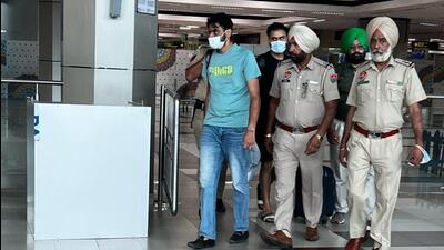 The accused, Harpal Singh and Fatehdeep Singh, who were arrested at the Delhi airport, being brought to Amritsar on Wednesday. (Sameer Sehgal/HT) The accused, Harpal Singh and Fatehdeep Singh, who were arrested at the Delhi airport, being brought to Amritsar on Wednesday. (Sameer Sehgal/HT)