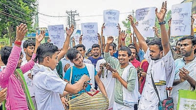 People celebrate the state government's decision regarding the creation of a new district out of the Nadia district. (PTI) People celebrate the state government's decision regarding the creation of a new district out of the Nadia district. (PTI)