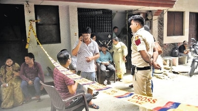 Delhi Police outside the victims’ house in northwest Delhi’s Subhash Park. (HT Photo) Delhi Police outside the victims’ house in northwest Delhi’s Subhash Park. (HT Photo)