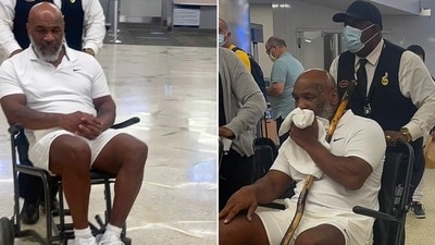 Mike Tyson was spotted in a wheelchair at the Miami International Airport (Twitter) Mike Tyson was spotted in a wheelchair at the Miami International Airport (Twitter)