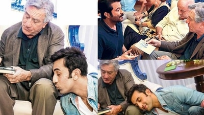 Ranbir Kapoor and Anil Kapoor with Robert de Niro in Mumbai in 2013.