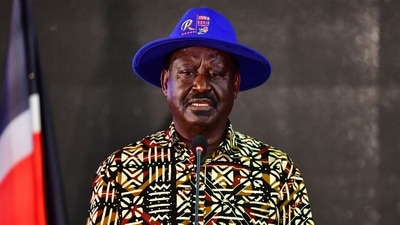 TOPSHOT - Kenya's defeated presidential candidate Raila Odinga speaks during a press conference at the Kenyatta International Convention Centre (KICC) in Nairobi on August 16, 2022. - Kenya's Raila Odinga on August 16, 2022 rejected the results of last week's presidential election gave victory to his rival Deputy President William Ruto. (Photo by Tony KARUMBA / AFP) (AFP) TOPSHOT - Kenya's defeated presidential candidate Raila Odinga speaks during a press conference at the Kenyatta International Convention Centre (KICC) in Nairobi on August 16, 2022. - Kenya's Raila Odinga on August 16, 2022 rejected the results of last week's presidential election gave victory to his rival Deputy President William Ruto. (Photo by Tony KARUMBA / AFP) (AFP)