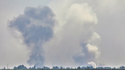 Smoke rising above the area following an alleged explosion in Dzhankoi district, Crimea. (Reuters) Smoke rising above the area following an alleged explosion in Dzhankoi district, Crimea. (Reuters)