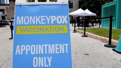 FILE - A sign for monkeypox vaccinations is shown at a vaccination site. (AP) FILE - A sign for monkeypox vaccinations is shown at a vaccination site. (AP)