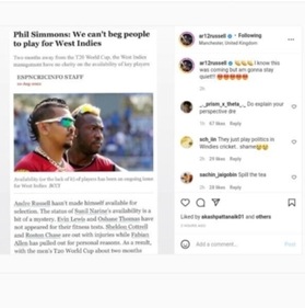 Andre Russell's deleted Instagram post