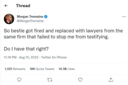 Morgan Tremaine shares a tweet about Amber Heard's lawyer. Morgan Tremaine shares a tweet about Amber Heard's lawyer.