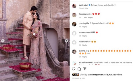 Katrina Kaif shared a series of Instagram posts with her and Vicky Kaushal's wedding photos in December 2021. Katrina Kaif shared a series of Instagram posts with her and Vicky Kaushal's wedding photos in December 2021.