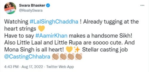 Swara Bhasker reviews Laal Singh Chaddha. Swara Bhasker reviews Laal Singh Chaddha.