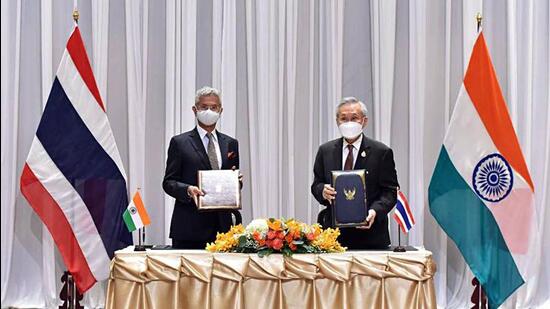 External affairs minister Dr S Jaishankar with Thai deputy PM and foreign minister Don Pramudwinai during the Co-chaired 9th India-Thailand Joint Commission Meeting, in Bangkok on Wednesday. (S Jaishankar Twitter)