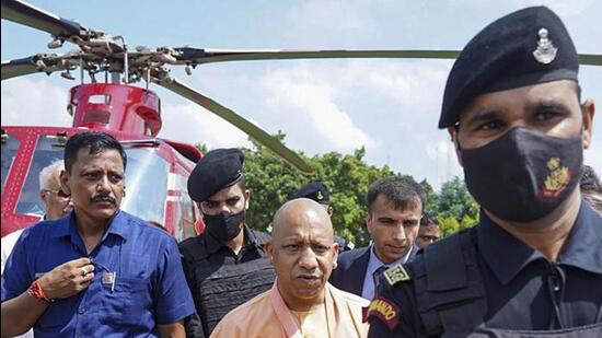 Uttar Pradesh chief minister Yogi Adityanath on his arrival in Saharanpur. (PTI PHOTO)