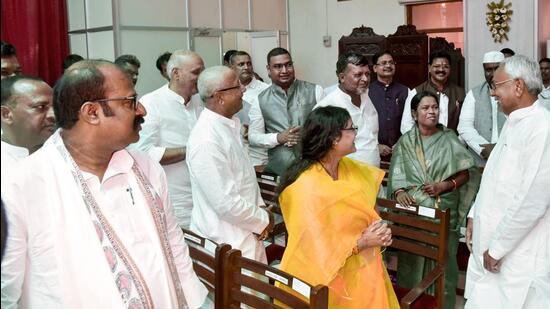 Bihar chief minister Nitish Kumar with new Cabinet ministers. (PTI)
